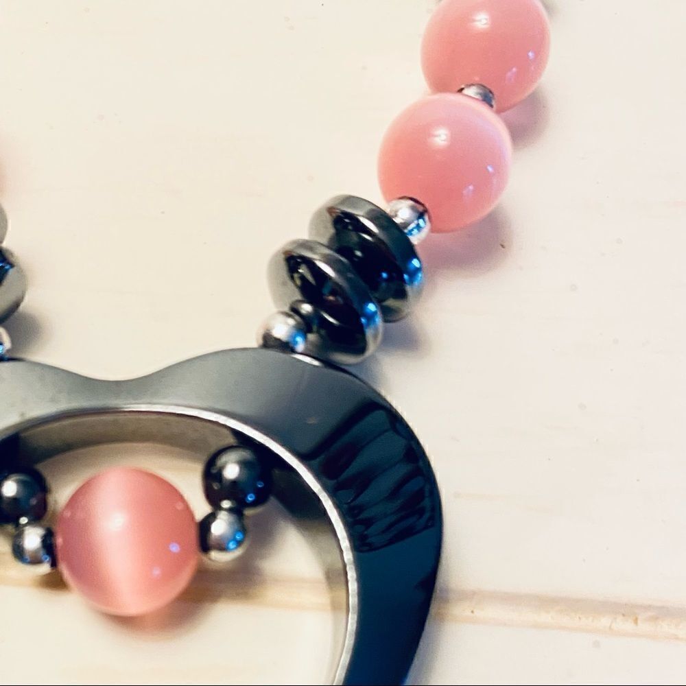 NEW 18” HEMATITE OPEN HEART W/ROSE QUARTZ STONE NECKLACE - Picture 4 of 14